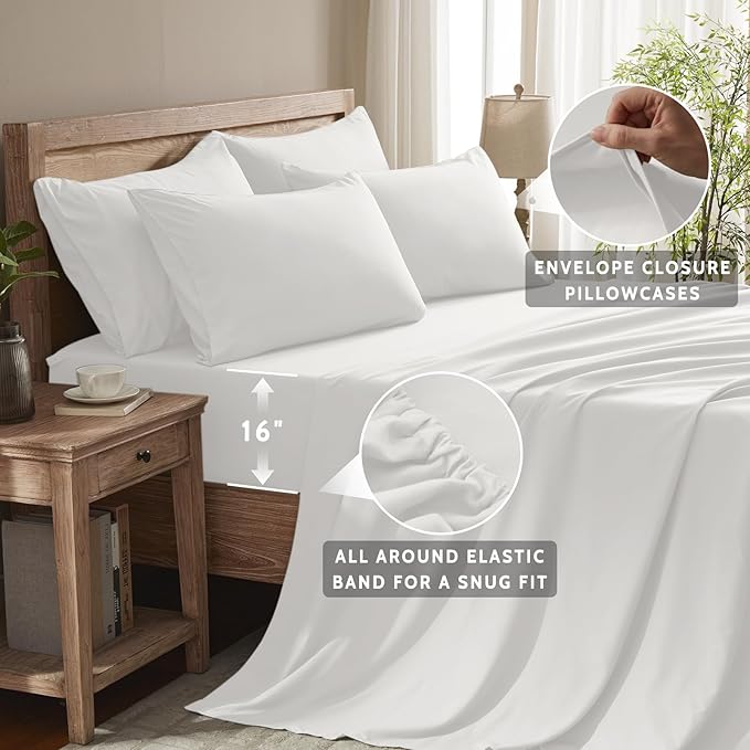 Queen Sheet Set - 6 Piece Sheets Queen Size Bed Set - Breathable & Cooling Hotel Luxury Bedding Set - Soft & Comfy Fully Elasticized 16" Deep Pocket Queen Sheets (Queen White)