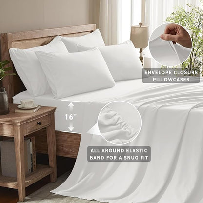 Queen Sheet Set - 6 Piece Sheets Queen Size Bed Set - Breathable & Cooling Hotel Luxury Bedding Set - Soft & Comfy Fully Elasticized 16" Deep Pocket Queen Sheets (Queen White)