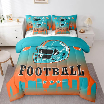 Erosebridal Football City 7 Piece Bedding Set Sports Rugby Full Comforter Set with Sheets for Kids Boys Girls Teen,American Soccer Sports Theme Bed in A Bag Unique City Silhouette Bed Set