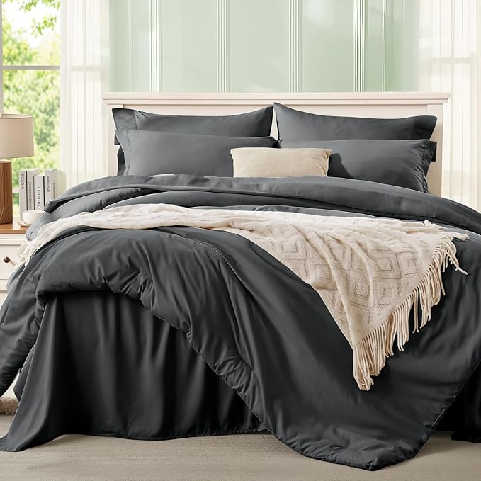 Anluoer Dark Grey California King Comforter Set 7 Pieces, Bed in a Bag with Sheets, All Season Bedding Sets with 1 Comforter, 2 Pillow Shams, 2 Pillowcases, 1 Flat Sheet, 1 Fitted Sheet