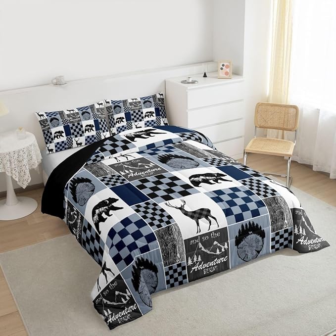 Adult Cabin Comforter Set Queen, Retro Rustic Lodge Bedding Set Bear Deer Elk Duvet Insert Country Checkered Buffalo Plaid Patchwork Down Comforter Christmas Deer Decorations Indoor, Blue Grey