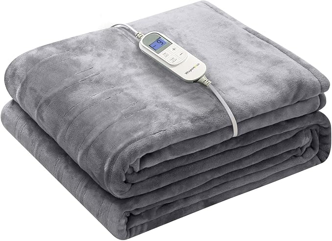 Wapaneus Heated Blanket Electric Blanket 62" x 84" Twin Size with 10 Heating Levels and 12 Hours time Settings, Flannel Fast-Heating Electric Blanket, ETL Listed, Machine Washable,Light Grey