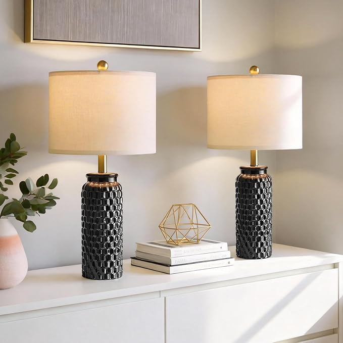 24" Modern Ceramic Black Bedside Lamp Set of 2 Table Lamp for Bedroom Decor Farmhouse Table Lamp for Living Room Office Dorm