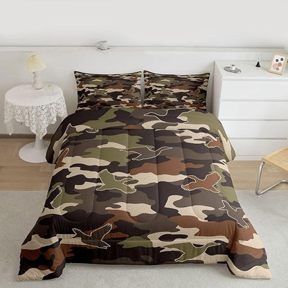Erosebridal 3D Duck Comforter Set Twin Size Camo Camouflage Bedding Set for Kids Boys Girls Green Dark Wildlife Comforter Flying Animals Hunting Quilt Bedroom Decor