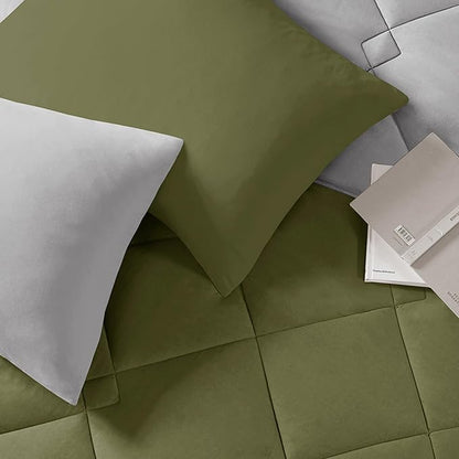 Comfort Spaces King Comforter Set, Chic Reversible Quatrefoil Quilting Comforters King, All Seasons, Lightweight Microfiber Bedding Set Matching Sham, Vixie, King Green/Grey 3 Piece