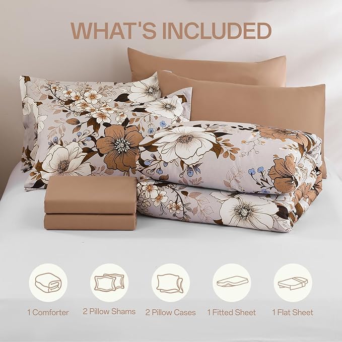Xruibed Brown Floral Comforter Set King Size 7 Pieces Bed in a Bag Flower Comforter Set with Sheet, Pillowcases, Pillowshams, Soft Microfiber Bedding Set for All Season (King 104''x90'')
