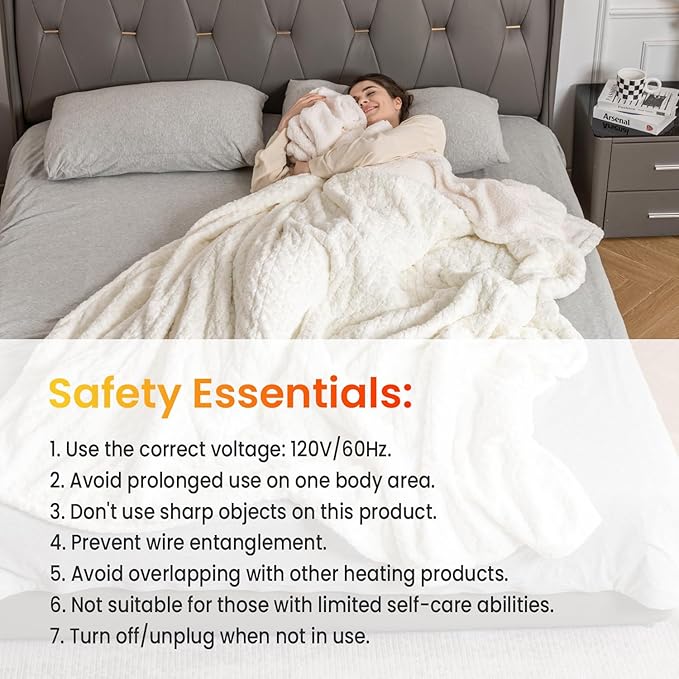 WOOMER Heated Blanket Full Size 77" x 84", Electric Blanket with a Control, 0.5-12 Hours Timer & 10 Heating Levels, ETL Certified, White Roses Patterns Faux Fur & Sherpa, Machine Washable