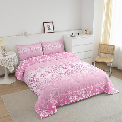 Feelyou Adults Pink Vintage Damask Floral Comforter Set Oriental Antique Comforter Full Size Gothic Bohemia Boho Flower Bedding Set Bohemian Exotic Duvet Set Quilt Set 3Pcs
