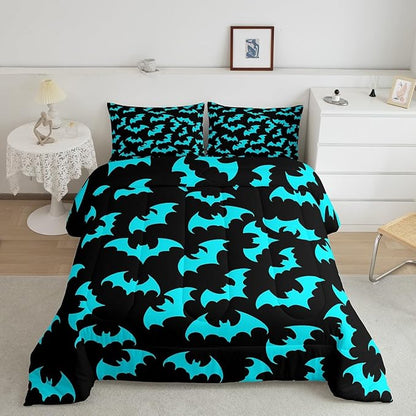 Erosebridal Cyan-Blue Bat Queen Comforter Set Halloween Bat Bedding Set Spooky Goth Gothic Animal Bed Set Horror Halloween Quilt Set for Kids Teens Adults