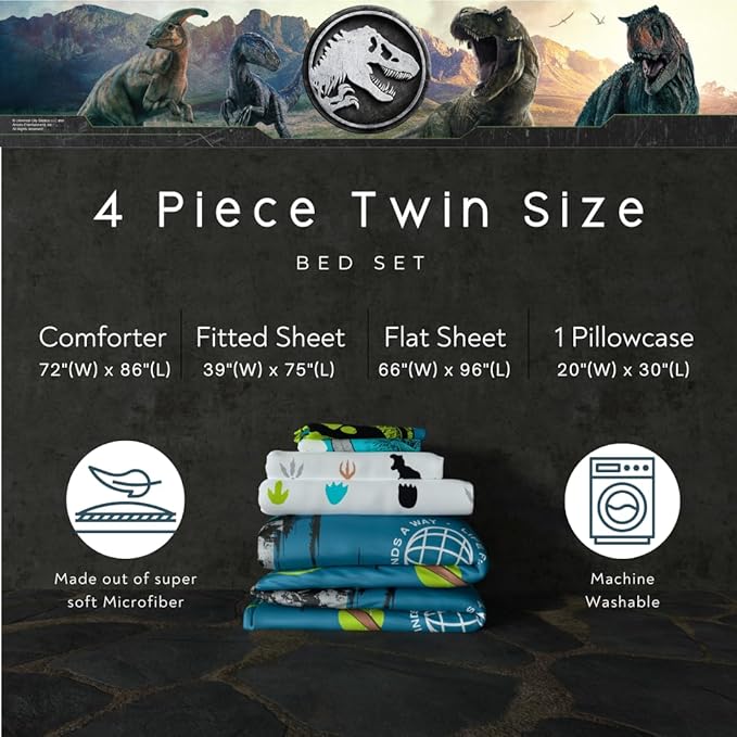 Jurassic World Rebirth Kids Bedding Super Soft Cozy Microfiber Comforter and Sheet Set, 4 Piece Twin Size, (Officially Licensed Product) by Franco
