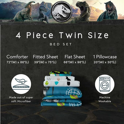 Jurassic World Rebirth Kids Bedding Super Soft Cozy Microfiber Comforter and Sheet Set, 4 Piece Twin Size, (Officially Licensed Product) by Franco