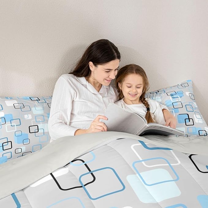 Erosebridal Cool Blue Geometric Square Kids Comforter Sets Abstract Minimalist Stripes Queen Bedding Set for Girls Boys Modern Plaid Comforter Set Checkered Aesthetic Quilt Duvet 3 Pcs
