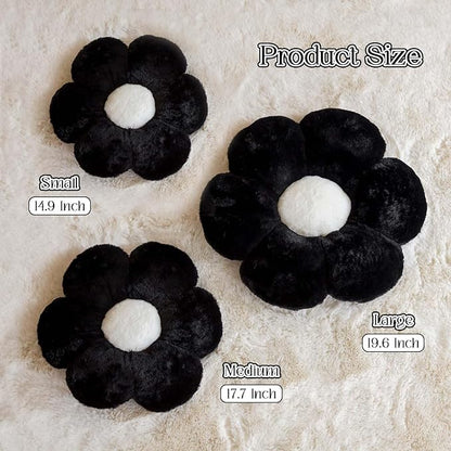 Black Flower Pillow, Cute Decorative Flower Shaped Throw Pillow with Faux Rabbit Fur, 14.9" Soft Daisy Plush Floor Cushion Aesthetic Room Decor for Bed Sofa Couch