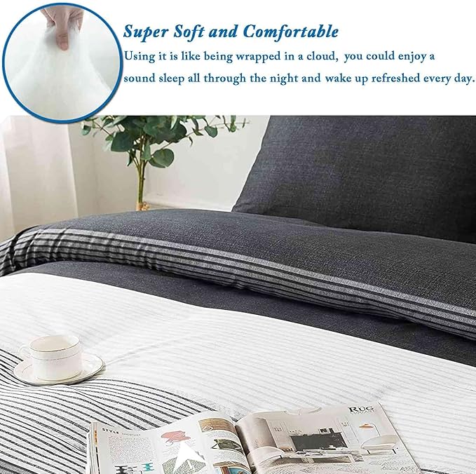 Faincy Queen Comforter Set, Grey & Black Patchwork Stripe Pattern Print Reversible Comforter - Size 90x90 3PC Soft Microfiber Duvet Sets Masculine Modern Bedding in a Bag for Women Men Teen, Gray