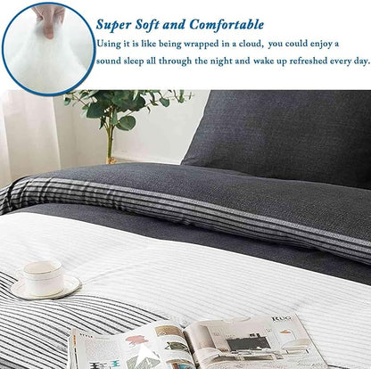 Faincy Full Comforter Set, Grey & Black Patchwork Stripe Pattern Print Reversible Comforter - Size 80x90 3PC Soft Microfiber Duvet Sets Modern Masculine Bedding in a Bag for Women Men Teen, Gray