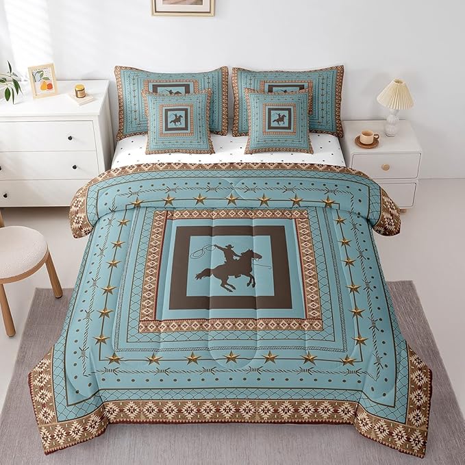 Feelyou Western Cowboy Comforter Set with Sheets King Size Kids Rodeo Cowboy Horse 7 Pieces Bedding Set for Boys Girls Teens Western Star Bed in a Bag Grunge Design Bed Set