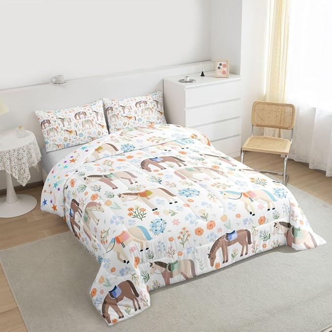 Cute Horse Comforter Set Twin Size,Watercolor Flower Bedding Sets 2Pcs for Kids Girls Boys Women Room Decor,Rustic Farmhouse Quilted Duvet Boho Animal Plants Down Comforter,1 Pillowcase
