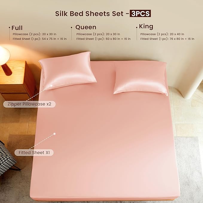 THXSILK Luxury Mulberry Silk Fitted Sheet Set 3 Pcs, King Silk Bed Sheet Set with 16" Deep Pockets, Soft & Cooling Sheets, 1 Fitted Sheet, 2 Pillowcases with Zipper Closure - Charming Pink