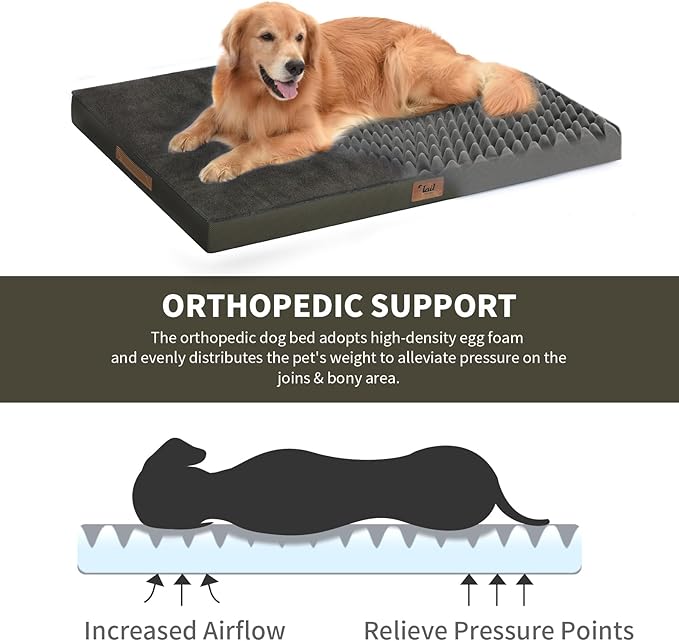 Orthopedic Dog Crate Bed for Extra Large Dogs, XXL Waterproof Comfort Pet Bed with Egg Crate Foam 47x29 Inch, Removable Oxford Cover, Coffee