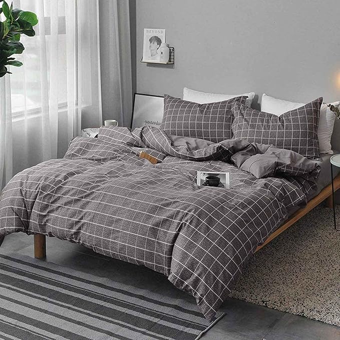 Faincy Queen Comforter Set, Grey Grid Gray Plaid Geometric Pattern Reversible Comforter - Size 90 x 90 3PCS Soft Microfiber Duvet Sets Modern Cottage Preppy Decor Bedding in a Bag for Women Men Teen
