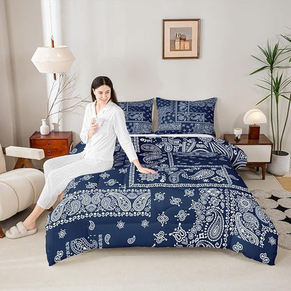 Manfei Boho Paisley Comforter Set Full Size, Jacquard Paisley Flower Bedding Set 3pcs, Navy Blue and White Floral Print Down Comforter, Teens Women Adults Room Decor, 2 Pillowcases, No Sheets