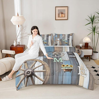 Rustic Farmhouse Quilt Set Twin For Men Western Country Cabin Bedding Set Farm Animal Sunflower Comforter Set Retro Barn Door Wheel Windmill Duvet Insert Grunge Brown Planks Decor 1 Pillow Case