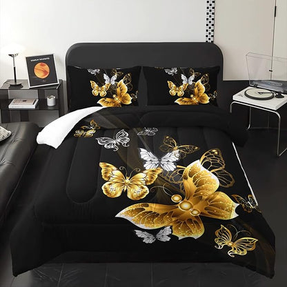 Butterfly Comforter Set for Adults Black and Gold Butterfly Bedding Set Aesthetics Butterflies Quilt Duvet Set Queen Size with 1 Comforter and 2 Pillowcases