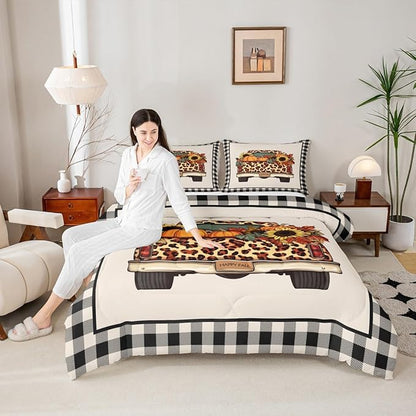 Plaid Pumpkin Comforter Set Fall Thanksgiving Harvest Bedding Set Gifts For Kids Teen Adults Full,Brownleopard Truck Pumpkins Bedding Comforters,Butterfly Sunflower Maple Leaf Bedding Quilted 3 Pcs
