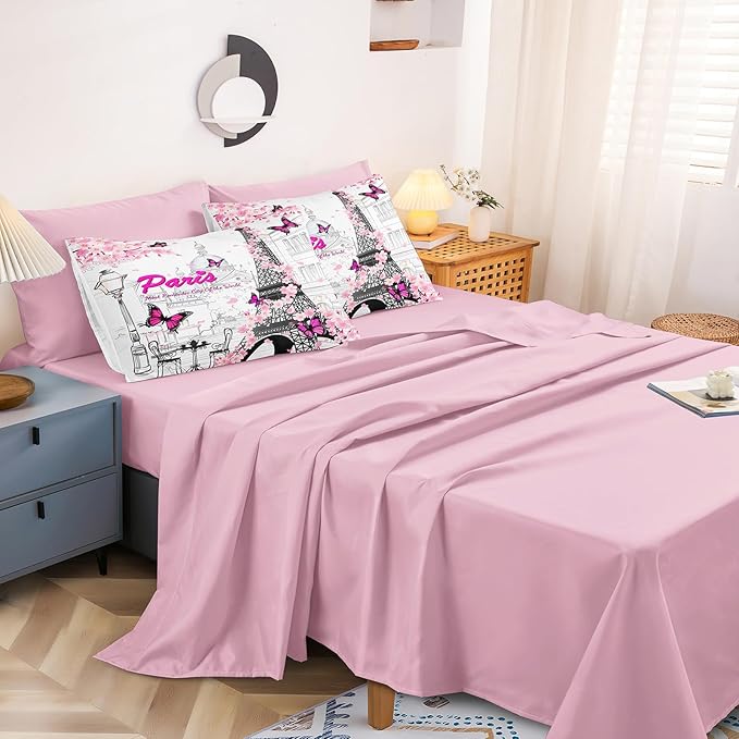 Paris Bedroom Comforter Full Pink France Bedding Comforter Full Size Bed in a Bag with Pink Sheet Set Cherry Blossom Butterfly Quilt Women Teens Girls Full Bed Set