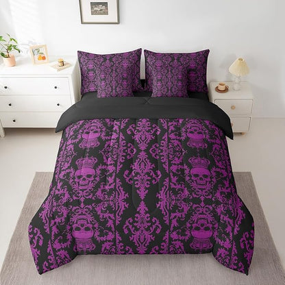 Sugar Skull Bed in a Bag King Size Comforter Set 7 Pieces,Gothic Bedding Set,Black Purple Damask Bohemian Vintage Floral Comforter and Sheet Set,Goth Skeleton Antique Victorian Baroque Decor