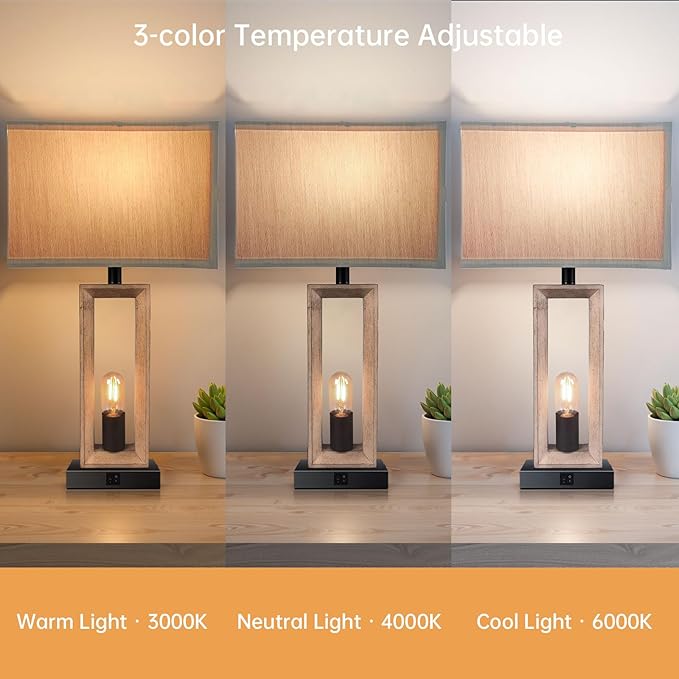 Farmhouse Wood Table Lamps for Living Room Set of 2, 3 Color Temperature Adjustable & USB-A/C Charging Ports Nightstand Lamps, 4 LED Bulbs Included