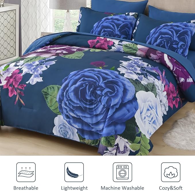 Drucon Blue Floral Comforter Set King, 7 Pieces Bed in a Bag Botanical Floral Comforter Soft Microfiber Dark Blue Bedding Set King Size Bed with Sheet and Pillowcase