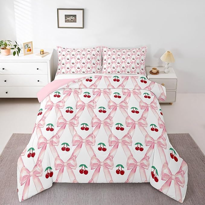 Erosebridal Cherry Bow Bedding Set for Girls,Cute Kawaii Bowknot King Comforter Set for Kids Teen Women,Pink Girly Bow Down Comforter Geometric Ribbon Bow Bed Set