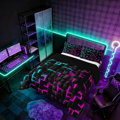 Erosebridal Geometric Checkered Comforter Set Twin Neon Teal Purple Bedding Set for Kids Boys Teen Men Gamer Room Decor,Abstract Ombre Plaid Comforter Grids Quilt Duvet Black