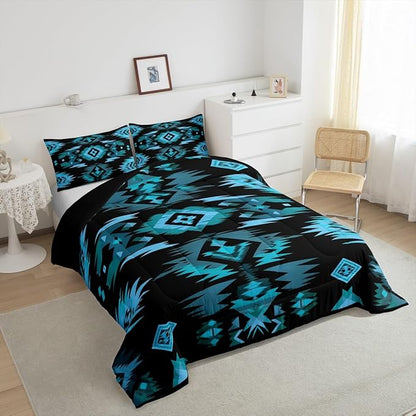 Feelyou Blue Black Southwestern Comforter Set,Tribal Native American Indian Bedding Set Full Size,Boys Girls Bedroom Room Decor,Exotic Style Comforter,Farmhouse Western Bed Set