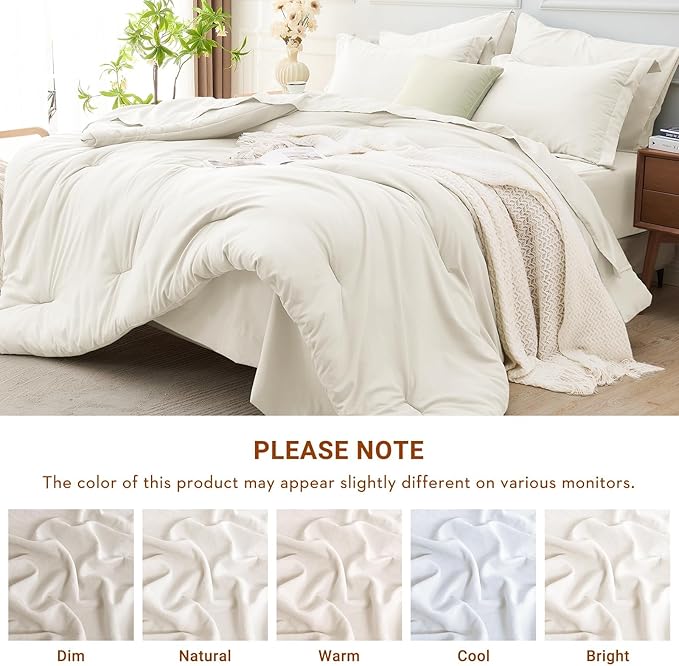 MUXHOMO 7 Pieces California King Comforter Set, Soft Bed in a Bag Cal King Size, All Season Bedding Set with Comforter, Flat Sheet, Fitted Sheet, Pillowcases & Shams, Ivory