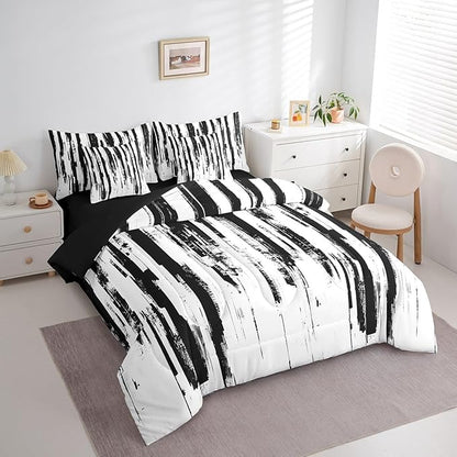 Erosebridal 7Pcs Black and White Boho Queen Comforter Set,Geometric Striped Abstract Bed in A Bag for Women Men Teens,Modern Art Aesthetic Bedding,White and Black Ink Quilt Set with Pillowcases
