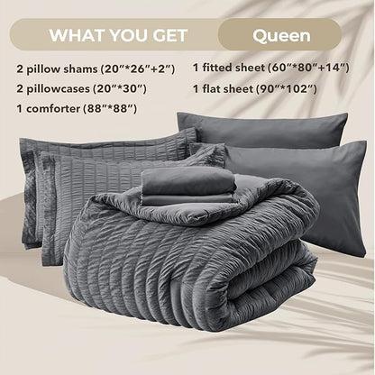 HYMOKEGE Queen Comforter Set Seersucker 7 Pieces, All Season Luxury Bed in a Bag for Bedroom, Bedding Set with Comforters, Sheets, Pillowcases & Shams, Dark Grey