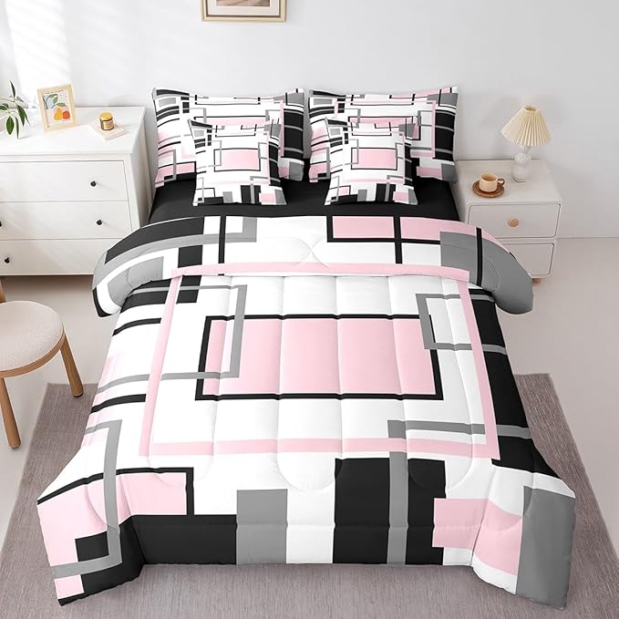 Erosebridal 7Pcs Pink and Black King Comforter Set,Modern Square Geometric Bed in A Bag for Adults,Mid Century Minimalist Abstract Quilt,Aesthetics Art Contemporary Stripes Bedding with Bed Sheets