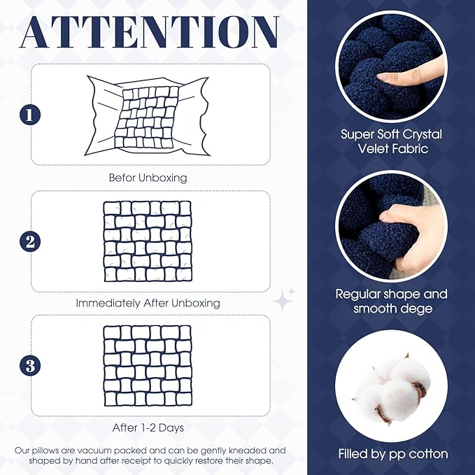 Wenqik 2 Pcs Knot Pillows Square Knotted Plush Throws Soft Accent Pillows Decoration Cushion for Couch Home Office Living Room Bedroom Bed Sofa Decor, 12'' x 13''(Navy Blue,Lambswool)