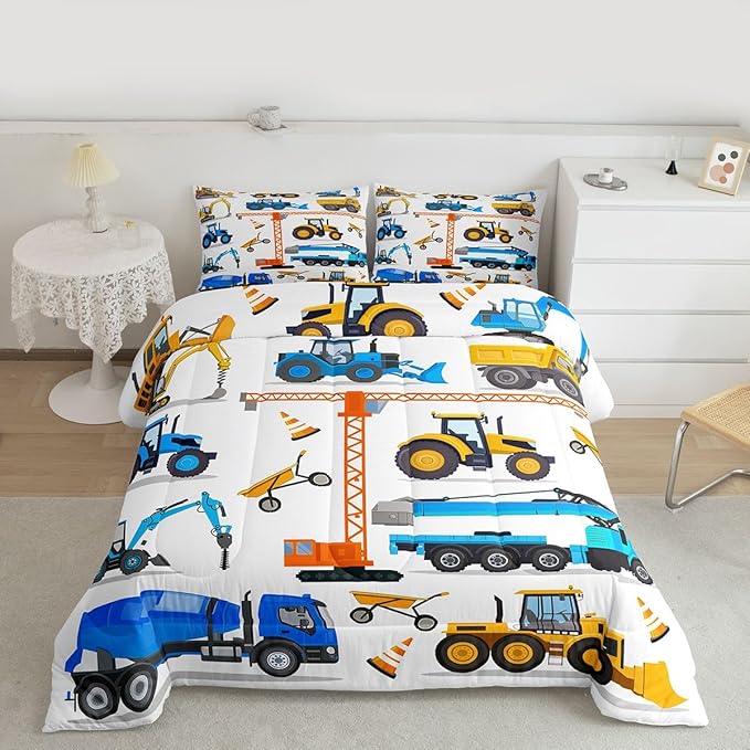 Tractor Comforter Set King Excavator Bedding Set For Boys Kid Construction Trucks Down Comforter Yellow Blue Equipment Truck Machinery Vehicle Bedroom Decor Forklift Bulldozer Crane Duvet Insert