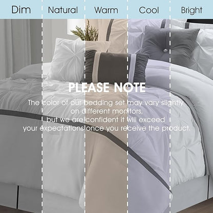 White Grey Comforter Set, California King, 7 Piece Bed in a Bag, Microfiber Handcrafted Pintucking, All Season Bed Set with Comforter, Bedskirt, Pillow Shams and Decro Pillows