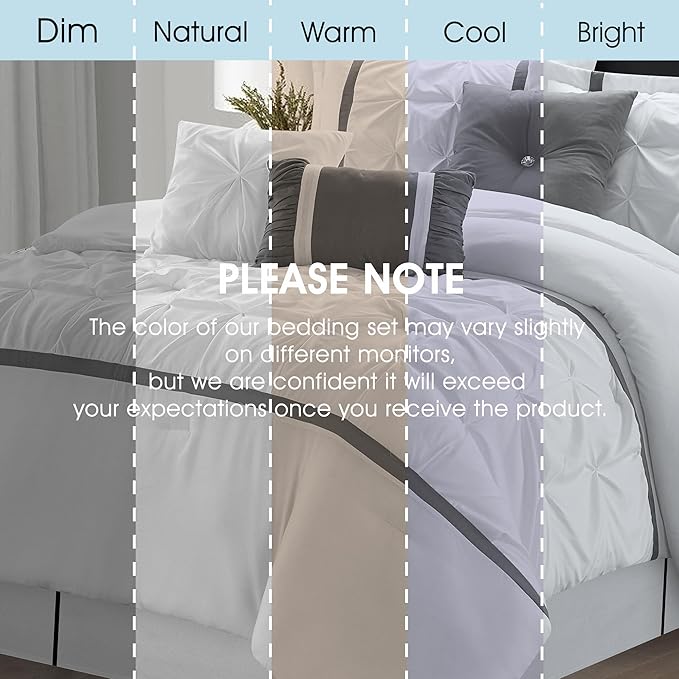 White Grey Comforter Set, Queen, 7 Piece Bed in a Bag, Microfiber Handcrafted Pintucking, All Season Bedding Set with Comforter, Bedskirt, Pillow Shams and Decro Pillows