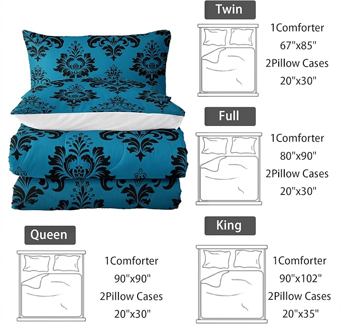 Blue Gothic Floral Print Comforter Set Full Size,Vintage Damask Floral Bedding Set,Bohemian Exotic Printed Quilted Set for Teens Adult,with 1 Comforter and 2 Pillow Case