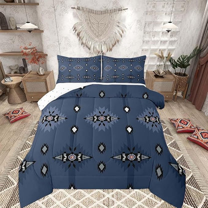 Feelyou Southwest Native Comforter Set Navy Blue Western Bedding Set King Size for Kids Boys Girls Teens Room Decor Boho Geometric Tribal Comforter Soft Microfiber