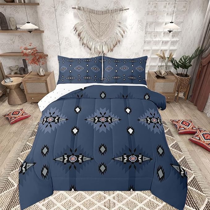 Feelyou Southwest Native Comforter Set Navy Blue Western Bedding Set Full Size for Kids Boys Girls Teens Room Decor Boho Geometric Tribal Comforter Soft Microfiber