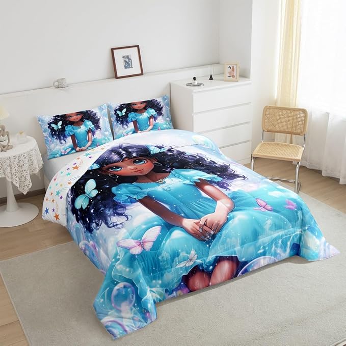 Pretty Girl Kids Twin Size Comforter Set,Dreamy Fairy Princess Style Cute Reversible Bedding Sets for Teens Bedroom Decor,Butterfly African Style Blue Black Quilted Duvet,1 Pillowcase