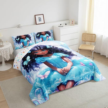 Pretty Girl Bedding Sets Full Size,Dreamy Fairy Princess Style Cute Reversible Comforter Set Breathable Polyester Quilt Set,Butterfly African Style Blue Black Duvet Insert,2 Pillowcases