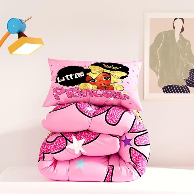 Black Girl Comforter Set, Pink Color Sparkling Stars 3D Pattern for Kids Teens Adults,Decorative Bedding Comforter Sets with 2 Pillow Shams, Queen Size