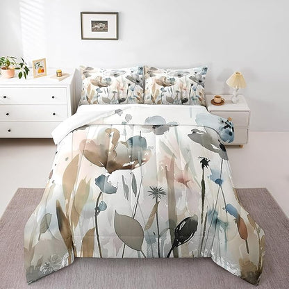 Erosebridal Boho Wildflower Comforter Set Queen Grunge Abstract Floral Bedding Set for Kids Girls Women,Spring Farmhouse Botanical Bedding Comforter Sets Rustic Country Bed Set Brown Blue